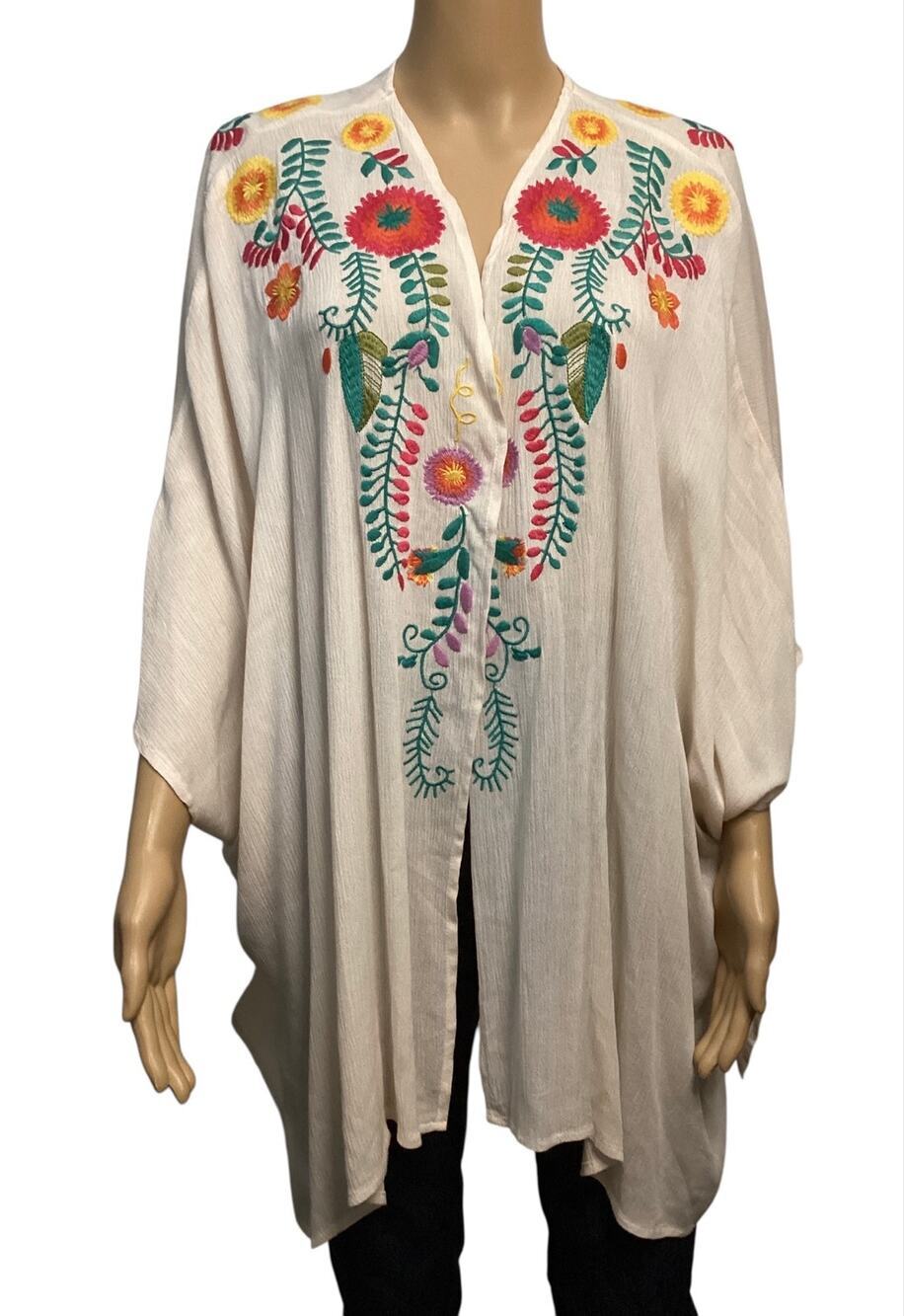 Umgee Floral Embroidered Kimono – Boho Cream Open Front Beach Swim Cover-Up S/M